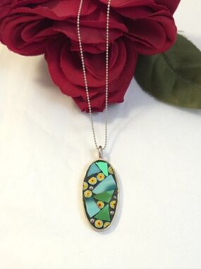 Handmade Sterling Silver Floral Glass Micro-Inlay Mosaic Pendant Necklace 18"